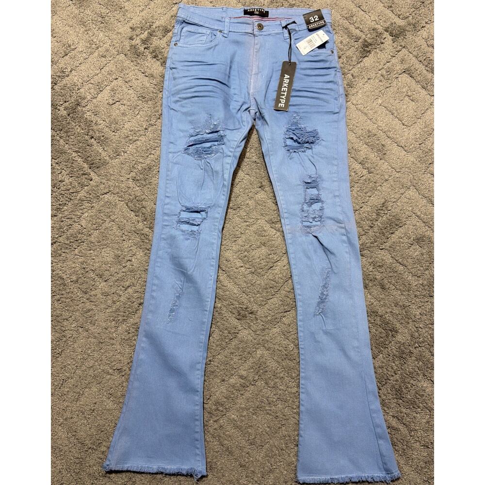 Arketype Sky Blue distressed flare stacked jeans size 32